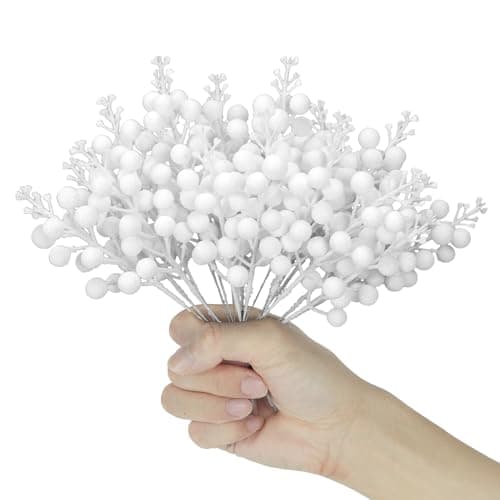 Image of Kunjocy 12 Pcs Christmas Artificial Glitter Berries Stems Christmas Tree Stems with Powder Sequins Christmas Berry Picks Floral Decoration Craft for DIY Xmas Crafts Wreath Garland Home Decor (White)