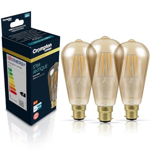 Image of Crompton Lamps Filament ST64 LED Light Bulb BC-B22d | 4.5W = 35W Equivalent | Extra Warm White 2200K | Energy Efficient | Bayonet Lightbulb | Antique Bronze Glass | Dimmable | 3-Pack