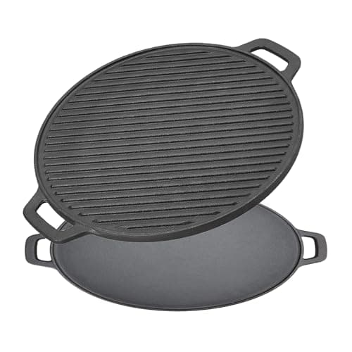 Image of Warmiehomy Cast Iron Griddle Pan,Double-Sided Non-Stick Pre-Seasoned Cast Iron Skillet BBQ Grill Pan for Gas Electric and Oven Safe,33cm Round