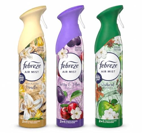 Image of Febreze Air Freshener SUN KISSED VANILLA, CHERRY & PLUM, ORCHARD PARADISE - SPRING EDITION Spray 185ml x 3 | Odour Eliminator with OdourClear Technology | Long-Lasting Room Freshener
