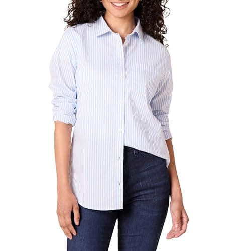 Image of Amazon Essentials Women's Classic-Fit Long-Sleeve Button-Down Poplin Shirt, French Blue White Stripe, X-Large
