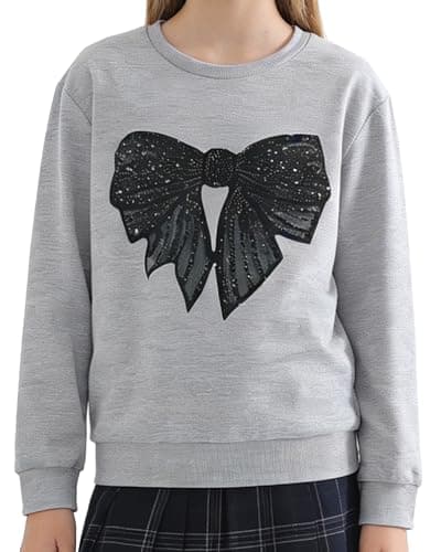 Image of Xumplo Girls Sweatshirts Kids Long Sleeve Crewneck Pullover Top 3D Bow Print Casual Shirt Spring Fall Clothes 12 Years Grey