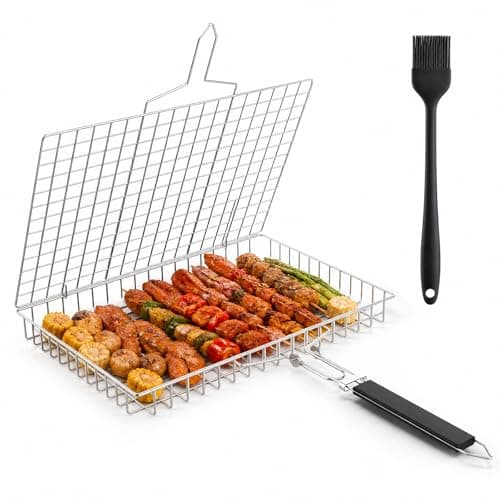 Image of Newthinking BBQ Grill Basket for Vegetable and Fish, Stainless Steel Folding Barbecue Fish Cage with Detachable Handle for Fish Vegetables BBQ Party