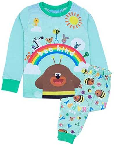 Image of Hey Duggee Girls Pyjama Set | Childrens Blue & Green Loungewear T-Shirt & Pants PJ Bundle | Bee Kind with Duggee Long-Sleeve Tee Long Leg Bottoms Clothing Pajama | Nightwear Merchandise Gift for Kids