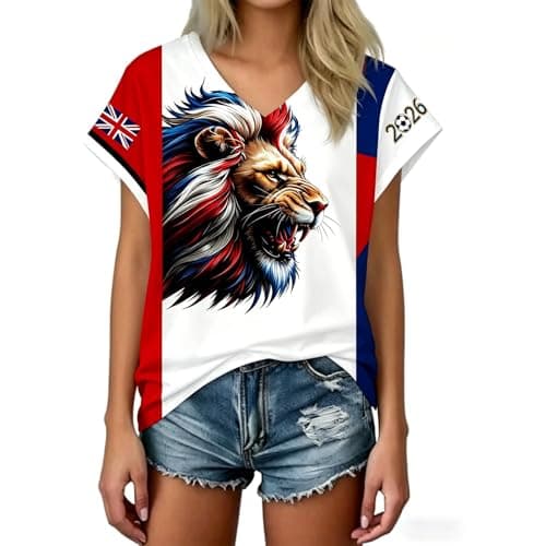 Image of 2026 Football Cup Women's Shirt England Ladies Football Tops Short Sleeve Graphic V-Neck Shirts Breathable T-Shirt for Women Sports Fans Outdoor Athletic Slim Fit Shirts (01-Red, S)