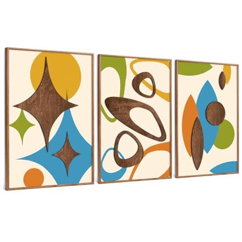 Image of Leseogye 3 PCS Abstract Wall Art, Abstract Geometric Wooden Wall Decor with Black Sawtooth Hooks, Retro Wooden Wall Art for Living Room, Bedroom, Office