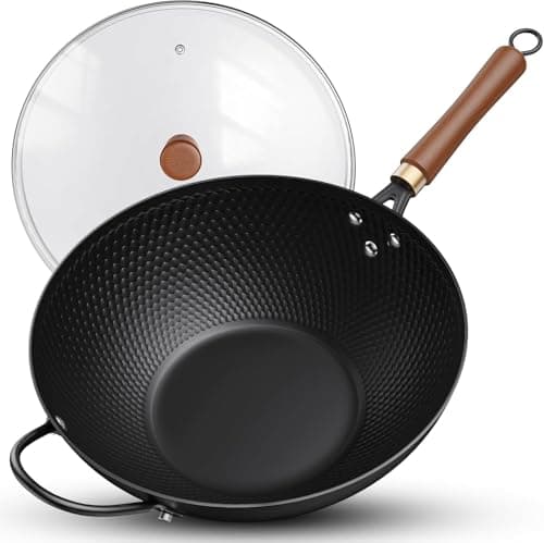 Image of Jobin 33 cm/13'' Wok Non Stick with Lid, Carbon Steel Wok Pan with Steel Helper Handle & Large Capacity for Cook Asian Dishes for 4-6 People, Stir Fry Pan for Induction Gas Electric, All Hobs