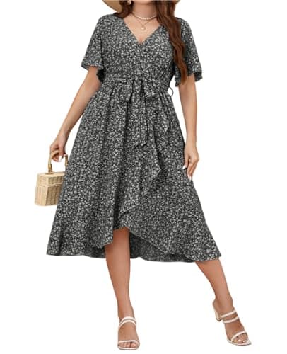 Image of Kyzoeyou Women's Plus Size Summer Dresses Casual Floral Ruffle Sleeve Midi Dress Floral V Neck A-Line Sundress with Tie Waist(Black 3X-Large)
