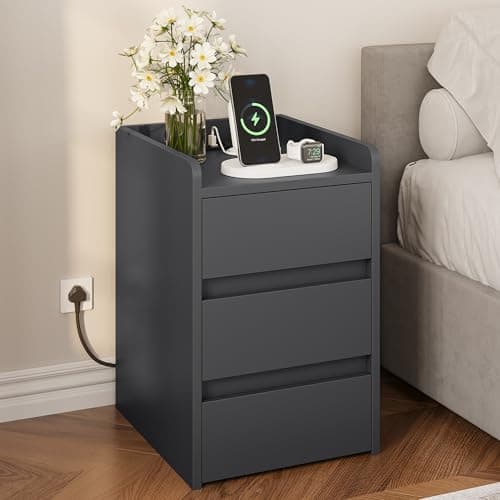 Image of YITAHOME Bedside Table with 3 Drawers and Power Station, Modern Nightstand End Table, Water-Resistant Storage Side Table for Living Room and Bedroom, 35 x 40 x 59cm (Grey)