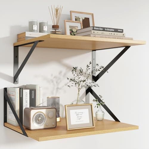 Image of Feihorrm Floating Shelves Set of 2, 40 x 30 cm Deep Shelves for Wall, Oak Wooden Book Shelf with Metal Brackets, Shelf for Living Room Bedroom Kitchen Bathroom Office