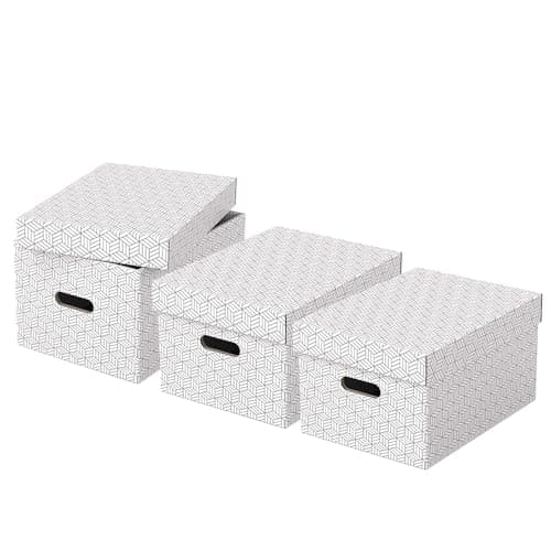 Image of Esselte Medium Storage Box With Lid, Pack Of 3, Home/Office Storage & Organisation, 100% Recycled Cardboard, 100% Recyclable, Geometric Design, White, 628282
