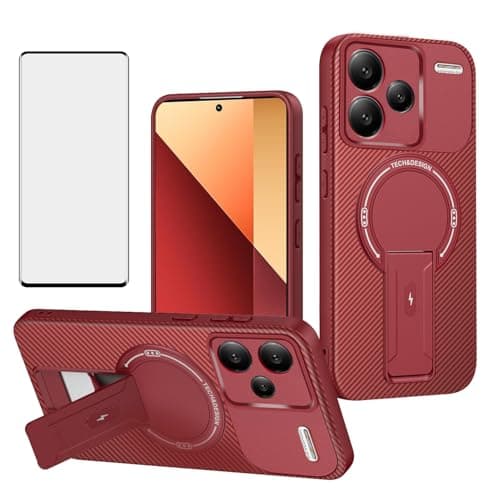 Image of Asuwish Phone Case for Xiaomi Redmi Note 13 Pro Plus 5G Magnetic Carbon Fiber Cover with Tempered Glass Screen Protector and Protective Hard Stand Mobile Cell Accessories 13Pro+ 13Pro Pro+ Women Red