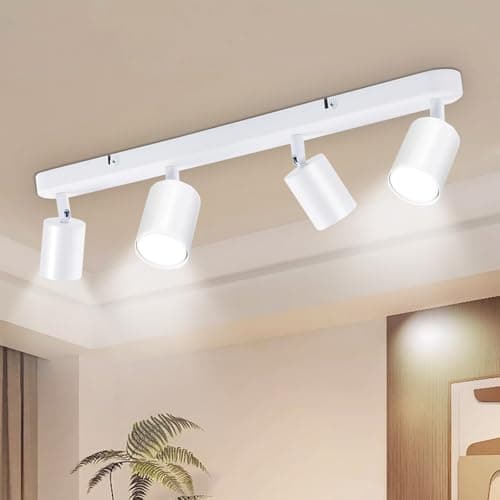 Image of Seruno X 4 Way Ceiling Light Bar, Adjustable GU10 Spotlight Metal White, Modern Industrial Ceiling Lights for Kitchen Bedroom Living Room Hallway Dining Room, Bulb Not Included
