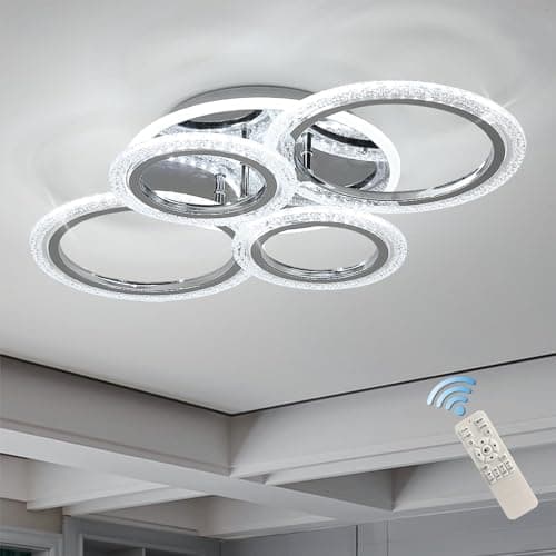 Image of Qcyuui 58W Dimmable LED Ceiling Light, Modern 4-Ring Acrylic Flush Mount Chandelier for Living Room, Bedroom, Dining Room, Chrome Finish