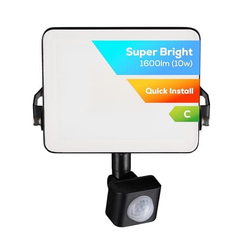 Image of TCP 10W LED Security Floodlight w PIR Sensor, Outdoor, Bright 1600lm, Cool White 4000K, IP44 Waterproof, Easy Install Long Adjustable Bracket, Easy Push Connector, Enery Class C, No Plug Garage Garden