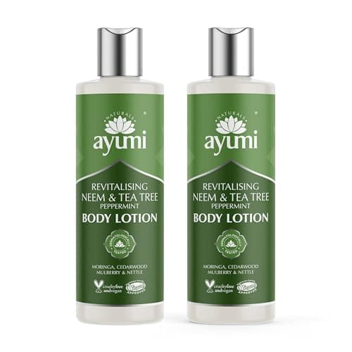 Image of Ayumi Neem & Tea Tree Body Lotion | Oil Control Moisturiser for Oily Skin | Acne Cream with Witch Hazel | Nettle Leaf Hand Cream to Soothe Irritation | Body Moisturiser for Men & Women | 2 x 250ml