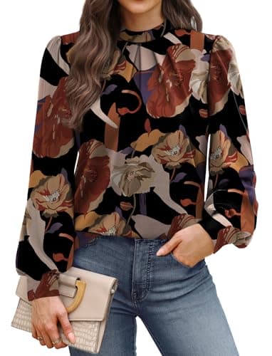 Image of WIHOLL Blouses for Women Long Sleeve Tops Mock Neck Pleated Shirts Ladies Tops Business Loose Fit Size 14-16 Floral Print