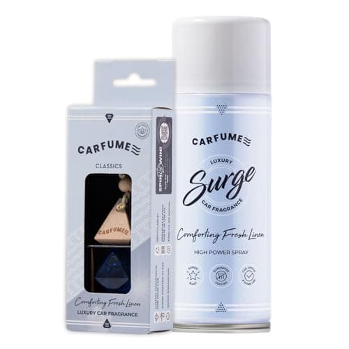 Image of Carfume Classic Comforting Fresh Linen Car Air Freshener Twin Pack | Premium Cotton, Laundry & Soft Floral Fragrance - Blue Diffuser & Surge Can Bundle - Luxury Unisex Car Accessory Gift