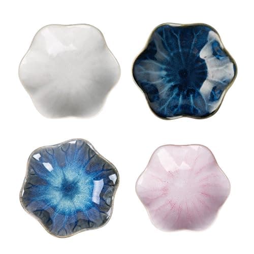 Image of Cabilock Japanese Style Lotus Leaf Ceramic Seasoning Plates Porcelain Kiln Glazed Set of 4 Small Dishes for Sauce Nuts Fruit Snacks 4.33 Inch