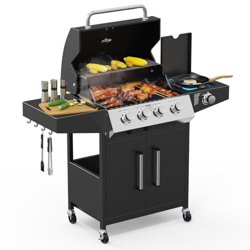 Image of ROVSUN 4+1 Burner Gas BBQ Grill, Outdoor Portable Barbecue with Side Burner, Warming Rack, Cabinet, Side Shelves, Temperature Gauge - Steel Barbecue Trolley, for Garden, Party, Camping,Outdoor Cooking