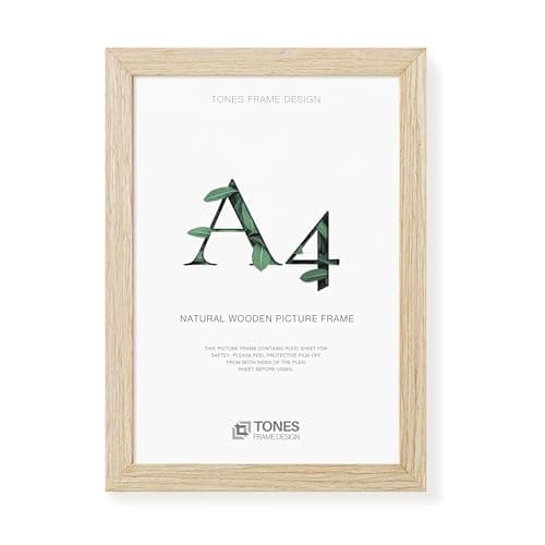 Image of TONES FRAME DESIGN A4 Frame, 21 x 29.7 cm Wooden Picture Photo Frame with Natural Wood Veneer, Shatter-Resistant Plexiglass, Wall Frame for Portrait or Landscape, Certificates, Posters, Prints