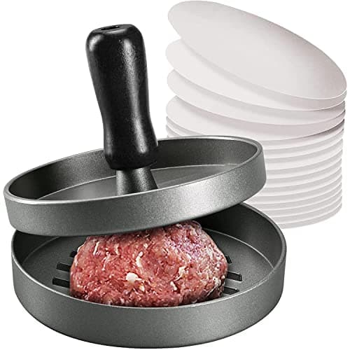Image of Burger Press, Non-Stick Meat Patty Hamburger Maker for Making Quarter Lb or Large 1/3 Pound Stuffed Pocket Burgers, Aluminum for BBQ Grill (100 Wax Paper)