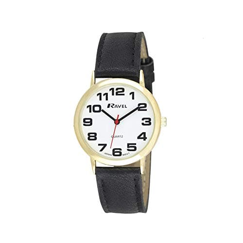 Image of Ravel Unisex Easy Read Watch with Big Numbers - Black/Gold Tone/White Dial