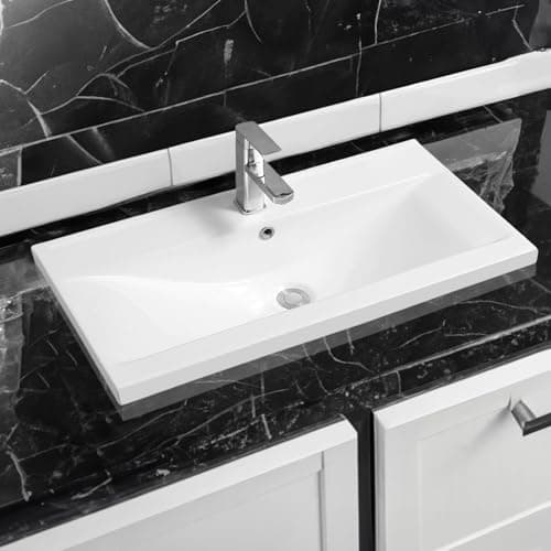Image of Limoge 5004 Ceramic 81cm Mid-Edge Inset Bathroom Basin with Dipped Bowl - Modern Drop-in Self-Rimming Top-Mount Rectangular Sink for Vanity or Countertop Installation