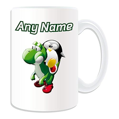 Image of Personalised Gift - LARGE Yoshi Riding Mug (Penguin Video Game Character Costume Design White) Name Message Unique Silly Funny Novelty Superhero Computer RPG Luigi Mario Plumber Dinosaur Dragon