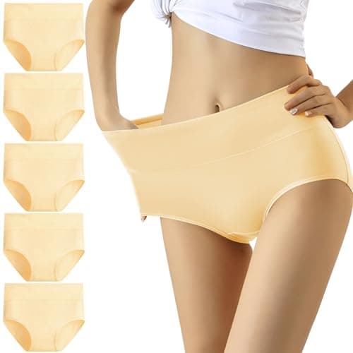 Image of YouShow Women's High Waisted Cotton Underwear, Tummy Control Knickers, Multipack 5 Pack (Nude, Size 14, Full Briefs)