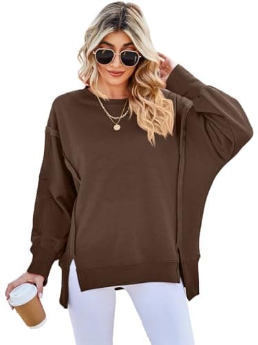 Image of SotRong Ladies Sweatshirts Without Hood Long Sleeve Crewneck Oversized Sweatshirt Side Slit Long Sleeve Pullover Slouchy Fit Y2K Tops Coffee S