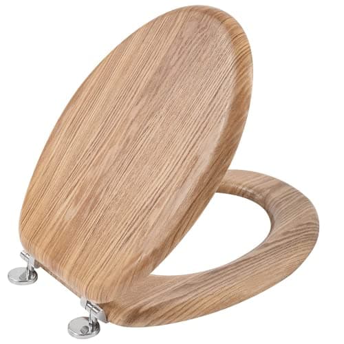 Image of Angel Shield Antibacterial Wooden Toilet Seat - Adjustable Hinges, Always Fits, Never Slips - 45 x 37 x 5.6 cm (Solid Oak)
