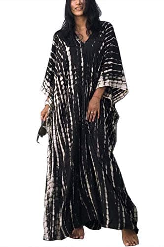 Image of Orshoy Free Size Kaftan for Women Full Length Turkish Caftans Long Beach Cover Up Summer Maxi Dress B-Black/White