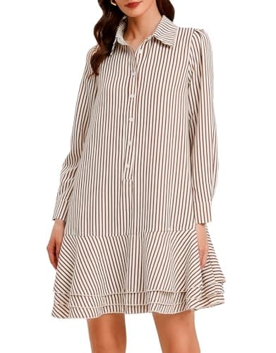 Image of Ladyful Long Sleeve Striped Shift Dress for Women Ruffle Drop Waist Mini Shirt Dress Button Collared Tiered Short Dress, Brown, XL