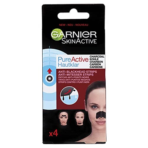 Image of Garnier Pure Active Anti-Blackhead Charcoal Nose Strips, Pack of 4 Nose Strips, Remove Blackheads, Impurities & Excess Sebum, Use on Nose, Forehead and Chin, Dermatologically Tested