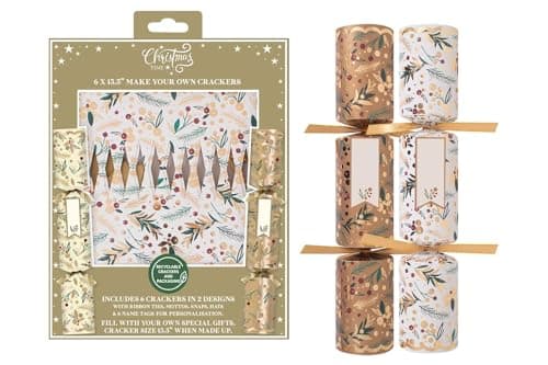 Image of RSW Christmas Crackers DIY Kit – 6 Recyclable 13.5" Crackers in 2 Festive Designs with Hats, Ribbons, Name Tags & Mottos – Fill Your Own Personalised Party Crackers
