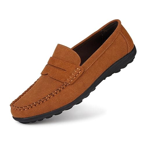 Image of Men's Suede Loafers Leather Moccasins Handmade Slip On Driving Shoes Brown Size 12uk