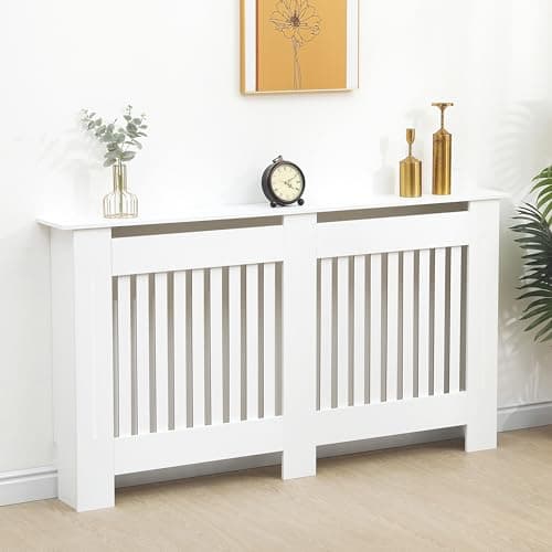 Image of Vivo Technologies Radiator Cover White Modern Horizontal Slats, Large Radiator Cover Grill Shelf Cabinet MDF Wood Decorative Heater Cover,White, W 152 x H 82 x D 19 cm