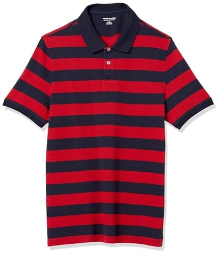 Image of Amazon Essentials Men's Slim-Fit Cotton Pique Polo Shirt, Navy Red Rugby Stripe, S