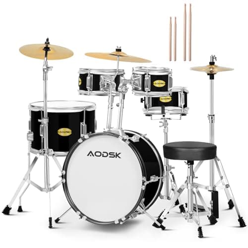 Image of AODSK 5-Piece Complete Kid Drum Sets,14 Inch Beginners Drum Kit with Throne Throne,Pedal & 2 Drumsticks,Kids Drum Musical Instruments,Cymbal,Hi-Hat,Floor,Tom and Snare Drum-Black