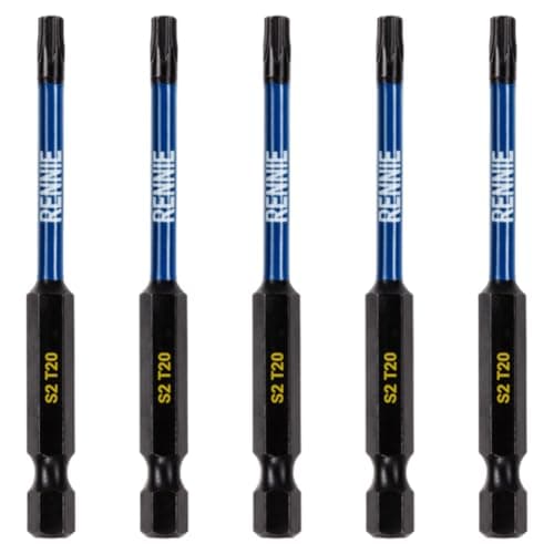 Image of 5 x Rennie Tools 75mm Long T20 TX20 Impact Screwdriver Driver Bits Set. Heavy Duty Magnetic Torx Screwdriver Bit Set. Black Oxide Coated Torx Impact Driver Bits. Torx Bit Set.
