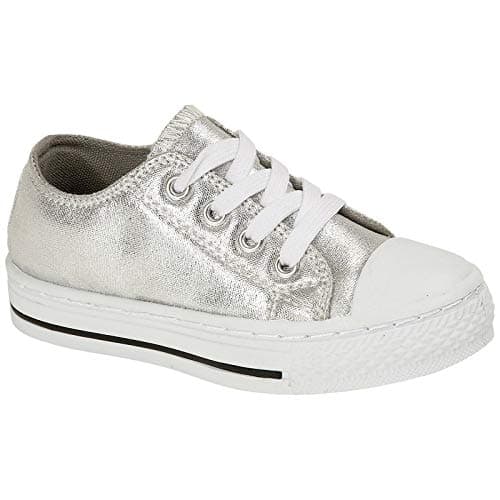 Image of Girls Canvas Shoes Children Kids Toddlers Summer Pumps Casual Infants Trainers Flat Low Top Lace Up Sneakers Soft Lightweight Plimsolls Boots Baby Sizes (Silver, Infants 10)
