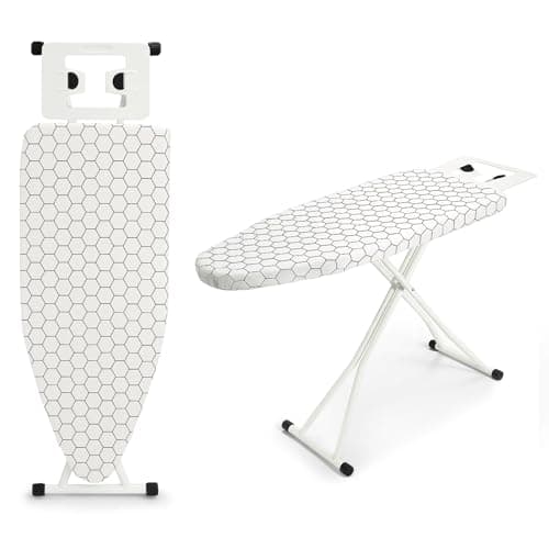 Image of CROWNSHOP Ironing Boards 110X38X64-77CM 6 Adjustable Heights Non-Slip Rubber Feet Cotton Cover with Iron Rest TopIron Board Universal Extra Wide Lightweight Iron Board Rack(White square pattern)