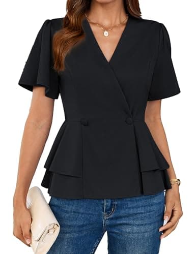 Image of GRACE KARIN Womens Blouses Short Sleeve V Neck Wrap Tops Formal Black Business Work Tops Winter Autumn Slim Fit XL Black-1
