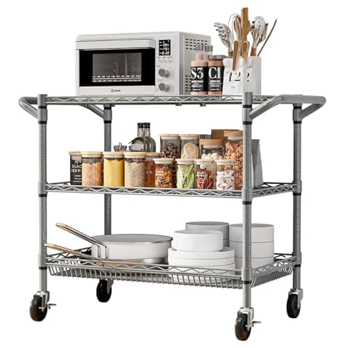 Image of Forthcan 3-Shelf Heavy Duty Utility Cart, 76.5 x 45.5 x 83cm, Wire Rolling Cart with Handle Bar, Wire Shelving Unit on Wheels, Steel Service Cart Utility Shelf Metal Storage Trolley with Basket