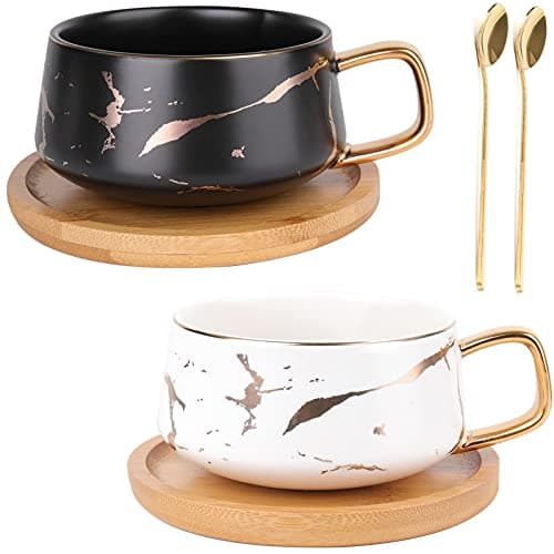 Image of Peohud 2 Pack Ceramic Tea Cup and Saucer Sets, 300ml Marble Flat Cappuccino Mugs, Porcelain Coffee Mug with Spoon and Bamboo Saucer, Marble Espresso Cups for Latte, Americano, White and Black