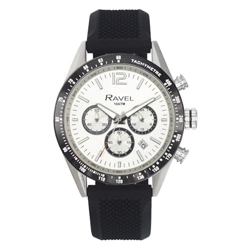 Image of Ravel Pro - Round Stainless Steel Chronograph Watch with Date - 100m Water Resistant - Analogue Quartz - RPR-004M - Black Silicone Strap/Silver Dial