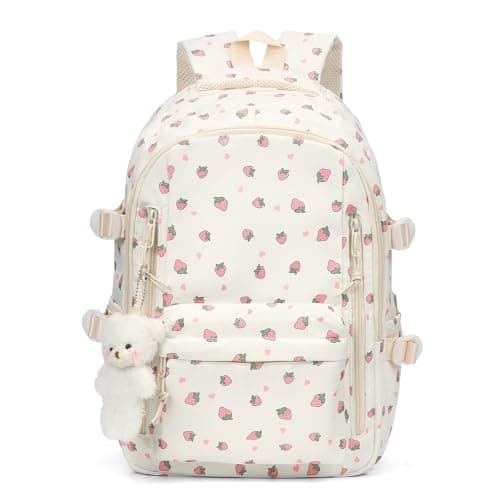 Image of TIAASTAP Aesthetic School Backpack Cute Preppy School Bags for Girls - Coquette Schoolbag Floral Print Back Pack for Teenage College Primary Secondary Middle School (A04 Strawberry)