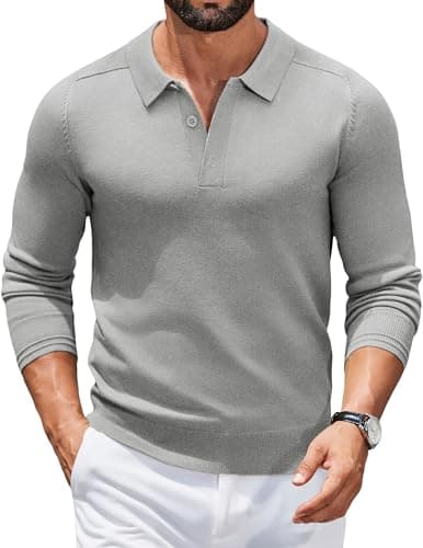 Image of COOFANDY Mens Jumpers Long Sleeve Polo Neck Jumpers Knitted Polo Shirts Winter Sweaters Sweatshirt Casual Polos Solid Color Tops Medium Grey M