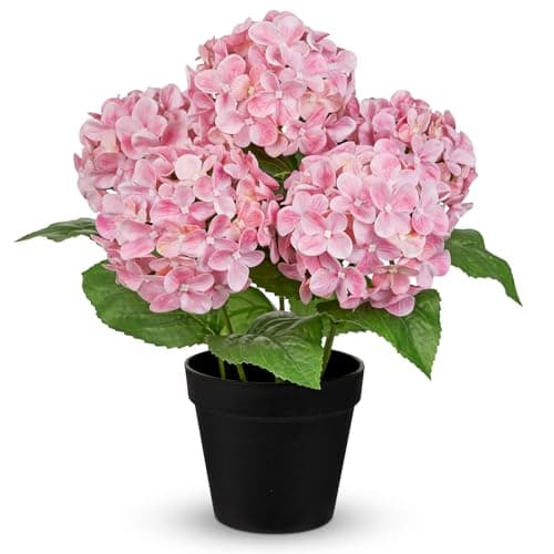 Image of Briful 35 CM Hydrangea Artificial Flowers in Pot - Real Touch Faux Hydrangea with 4.7" Flower Heads - Pink Artificial Flowers Fake Indoor Plants for Windowsill, Bathroom Shelf, Kitchen Decor
